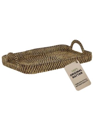 Natural Rattan Serving Tray with Handles | Decorative Basket Tray | Small 17x11 in, Moisture-Resistant