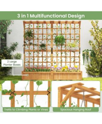 71 in Wooden Planter with Trellis and Hanging Roof, 3-in-1 Fir Wood Garden Station