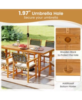 3-Piece Farmhouse Patio Dining Set with 63 in Acacia Wood Table, 2 Cushioned Benches