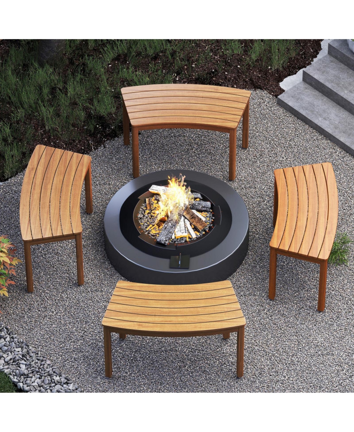 Gouun Curved Acacia Wood Bench Set of 4 for Fire Pit and Tree Surround