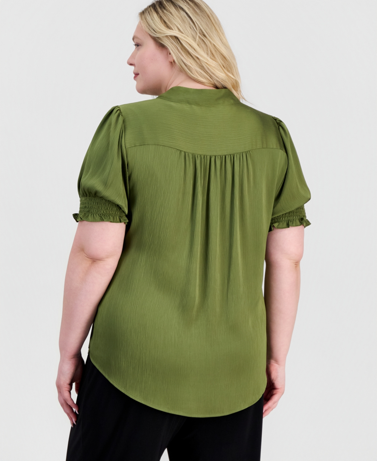 Anne Klein Plus Y-Neck Short Puff Sleeve Blouse