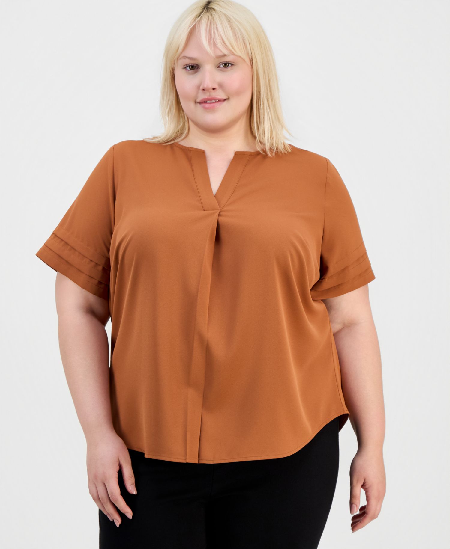 Petite Pleated-Sleeve Split-Neck Top