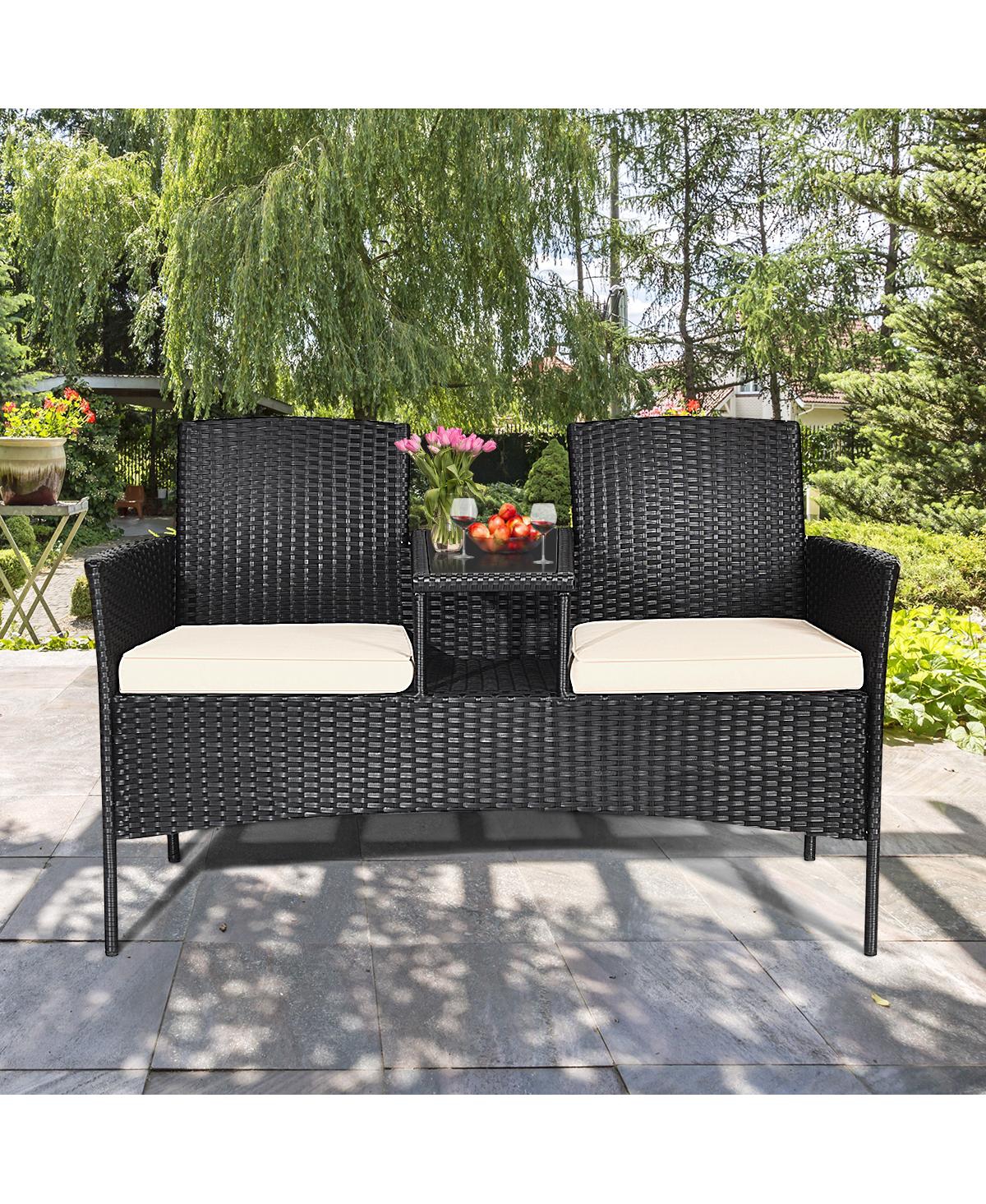 Gymax Cushioned Patio Rattan Seat Loveseat Sofa Table Chairs