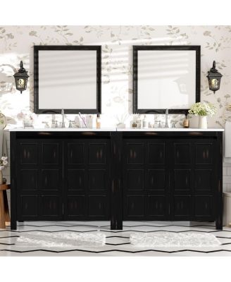 72 Inch Double Sink Bathroom Vanity, Solid Wood Frame, Espresso Distressed Finish, Soft Close Doors and Ceramic Top Storage Cabinet