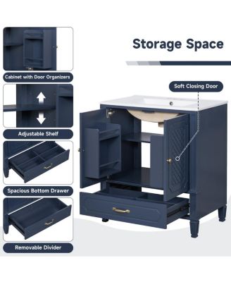 30 Inch Bathroom Vanity with Sink, Acacia Wood Freestanding Cabinet, Soft Closing Door, Ceramic Top, Drawer Storage