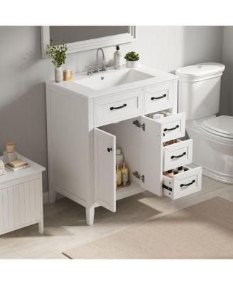 30 Inch Bathroom Vanity with Sink, Modern Freestanding Cabinet, Solid Wood Legs, Ceramic Top and 3 Drawers Storage