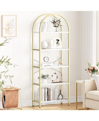 5-Tier Arched Bookshelf, Gold and White Marble Effect Tall Bookcase with Metal Frame