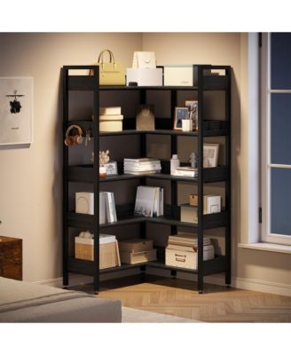 5-Tier Convertible Retro Corner Bookshelf, Dual Splicing Modes Display Storage Shelf