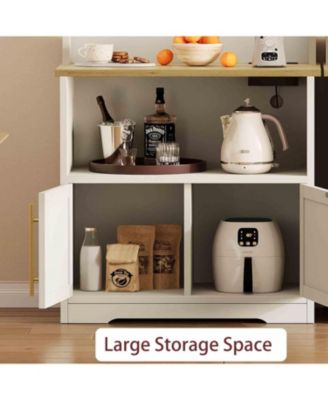 Microwave Stand Bakers Rack Cabinet, Farmhouse Bakers Rack with Power Outlet with Thickened Counter, Freestanding Small Kitchen Bakers Rack