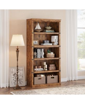 Tall Farmhouse 5-Tier Wooden Bookcase, Modern Storage Bookshelf