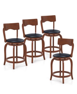Swivel Bar Stools Set of 4 w/ Rubber Wood Frame Upholstered Seat Footrest