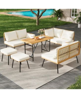 6 Pieces Outdoor Patio Furniture Set with Table, All-Weather Boho Wicker Rattan Patio Sectional L-Shaped Sofa, Metal Frame, Detachable Cushions