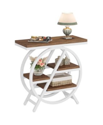 3-Tier End Table Set of 2, Narrow Sofa Side Table with Storage, Industrial Nightstand with Geometric Metal Frame