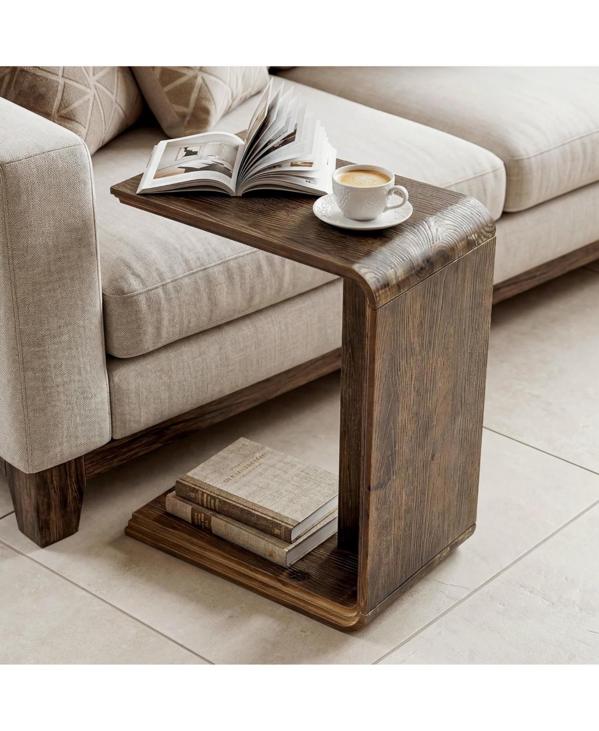 Tribesigns C-Shaped Solid Wood End Table, Wooden Narrow Sofa Side Table