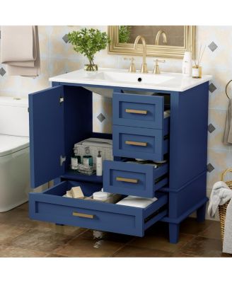 Sage Green Bathroom Vanity with Ceramic Sink, Freestanding Solid Wood MDF Cabinet, 3 Drawers Soft Close Door for Small Bathrooms