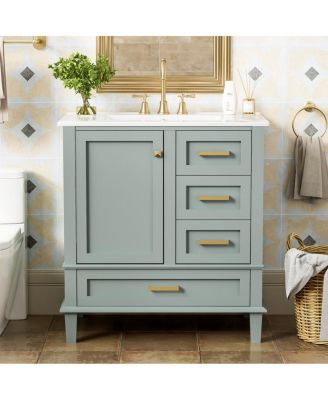 Sage Green Bathroom Vanity with Ceramic Sink, Freestanding Solid Wood MDF Cabinet, 3 Drawers Soft Close Door for Small Bathrooms