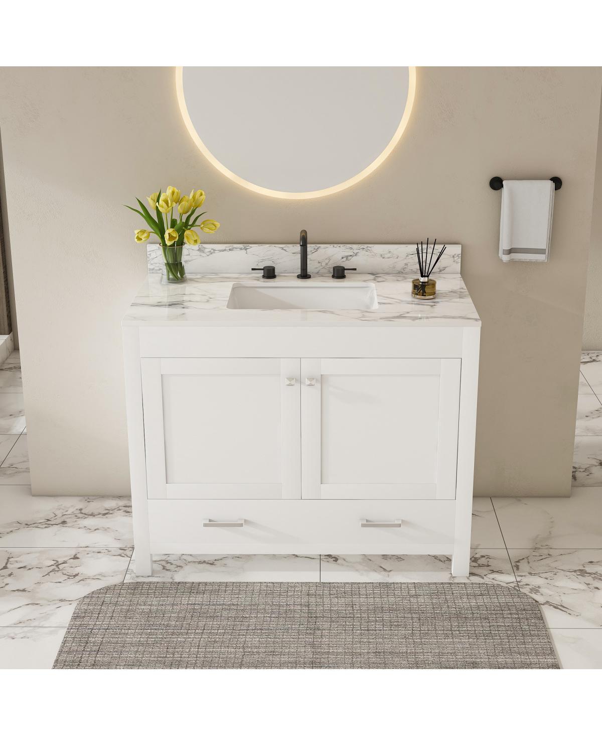 Sillysis Bathroom Vanity with Sintered Stone Carrara Top, Large Storage Drawer and Soft Close Doors