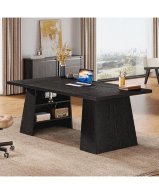 63-Inch Executive Desk, Modern Desk with Double Pedestal and Storage Shelves, Simple Large Computer Writing Table