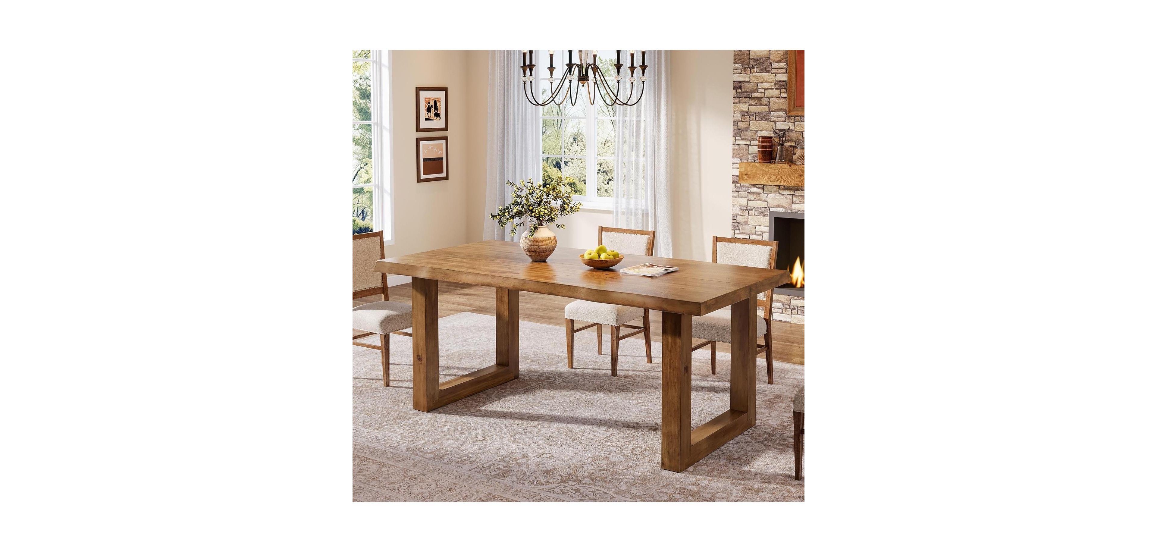 Tribesigns 63" Solid Wood Dining Table for 4-6, Farmhouse Pine Wood Kitchen Table with Live Edge Tabletop