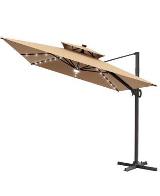 Outdoor Patio  Aluminum Double Canopy LED Solar Lights Cantilever Umbrella