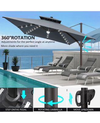 Outdoor Patio 10X13FT Aluminum Double Canopy Led Solar Lights Cantilever Umbrella