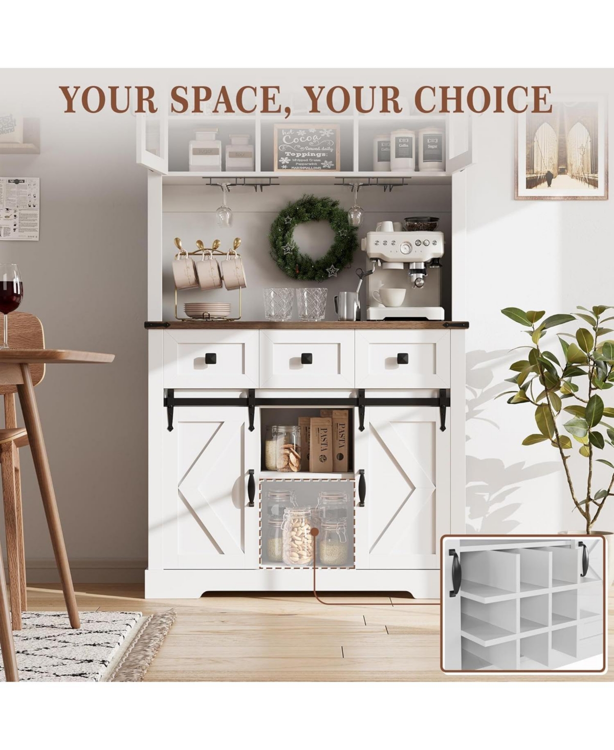 gaomon 72" Farmhouse Bar Cabinet with Sliding Barn Door, Tall Kitchen Buffet with Storage Hutch and 3 Drawer, Wine and Glasses Rack