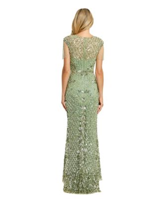 Petite Beaded Fringe High-Neck Fitted Evening Gown