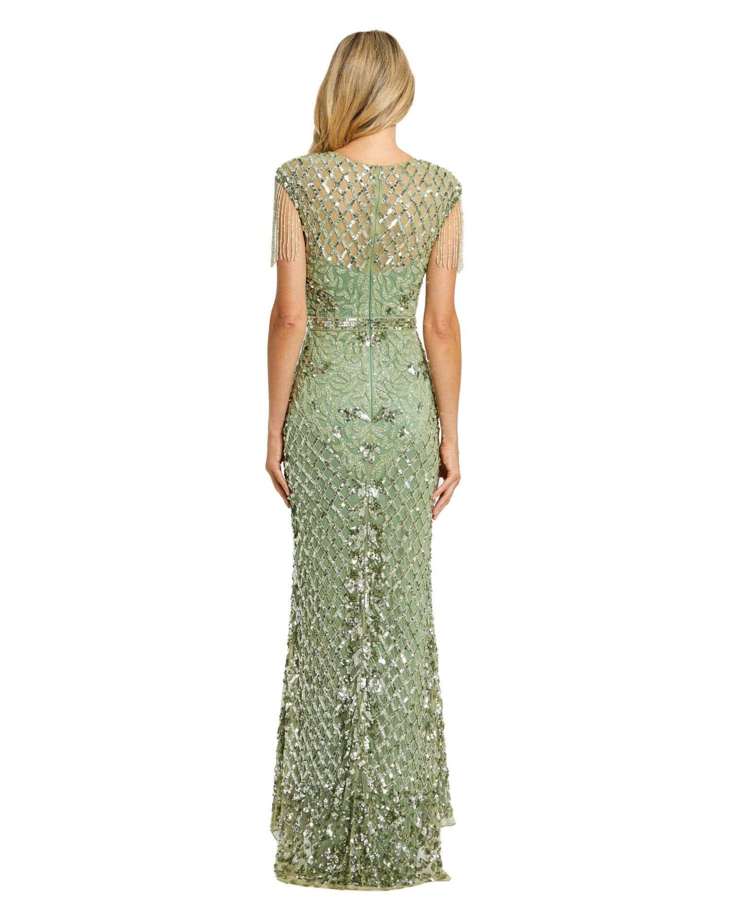 Petite Beaded Fringe High-Neck Fitted Evening Gown
