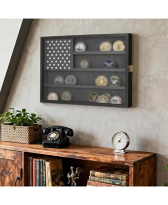 Challenge Coin Display Case,4-Row Wooden Challenge Coin Holder Display with Double-Groove Shelves,Lock&Acrylic Door for Military Medals, Casino