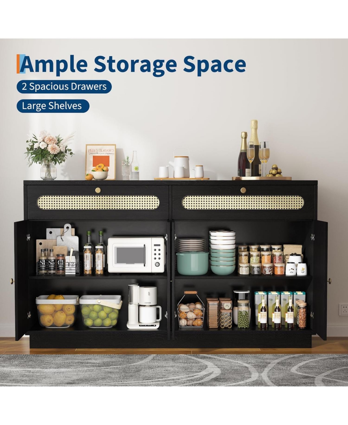 gaomon 60" Rattan Sideboard Cabinet with 2 Drawers and 4 Doors, Adjustable Shelves Buffet