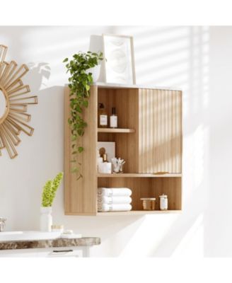 Fluted Medicine Cabinet, Modern Wall Mounted Bathroom Cabinet Over Toilet Storage with Open Partition & Faux Marble Top
