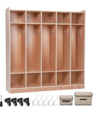 5-Section Glazed Coat Locker Storage Cabinet, 5 Large Cubbies with Hooks And 10 Small Cubbies, Classroom Coat Locker with 4 Hidden