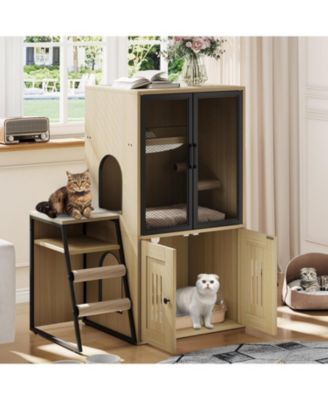 Cat Litter Box Furniture, 2 Tier Enclosed Litter Box Furniture with Doors, Hidden Storage and Ladder
