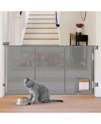 Retractable Pet Gate with Cat Door Mesh Dog Gate for Indoor Outdoor Use