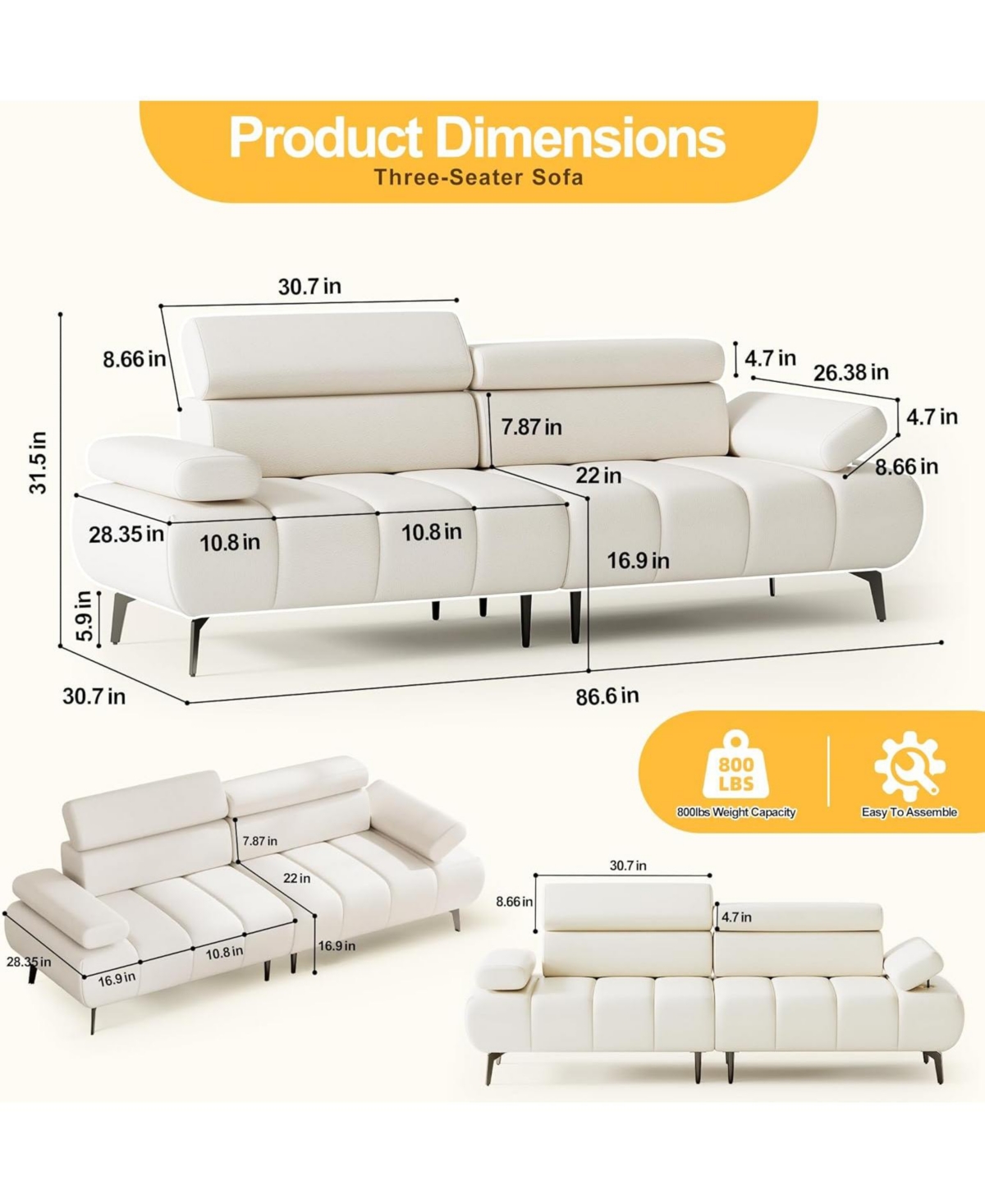 gaomon 3-Seater Sofa Bed, Faux Leather Futon Sleeper Couches, Adjustable Backrests and Armrest Headrests with Split Two Separate Sectional Sofas