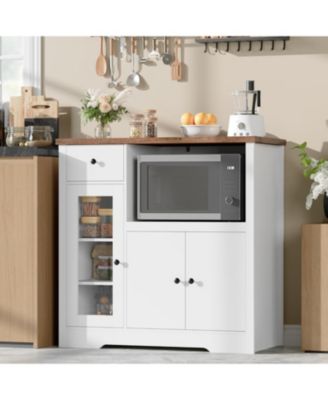 Kitchen Microwave Cabinet with Storage and Drawers, Modern Small Buffet Cabinet with Glass Doors and Adjustable Shelf, Wooden Sideboard