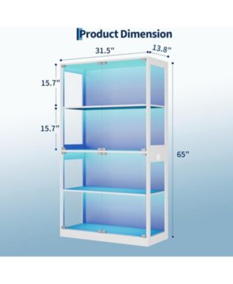 Glass Display Cabinet 4-Tier, Curio Bookcase Cabinets with Glass Doors, 3 Color Lights, Human Body Sensor & Charging Ports, for Living Room