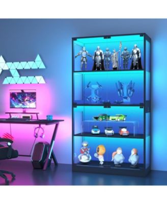 Glass Display Cabinet 4-Tier, Curio Bookcase Cabinets with Glass Doors, 3 Color Lights, Human Body Sensor and Charging Ports, for Living Room