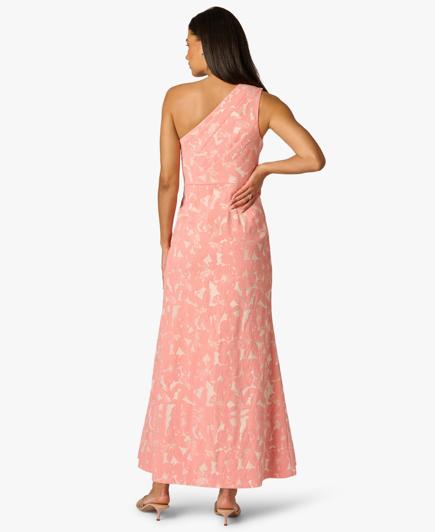 Petite One-Shoulder Floral Jacquard Draped Gown
