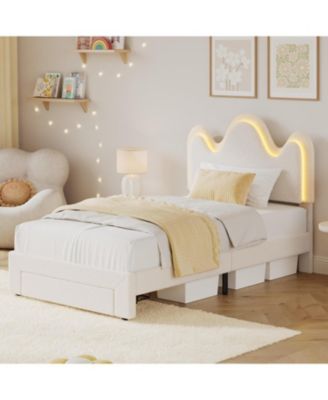 Bed Frame with Adjustable Upholstered Headboard Girls Boucle Platform Bed Frame with Storage Drawers Princess Bed Frame for Kids