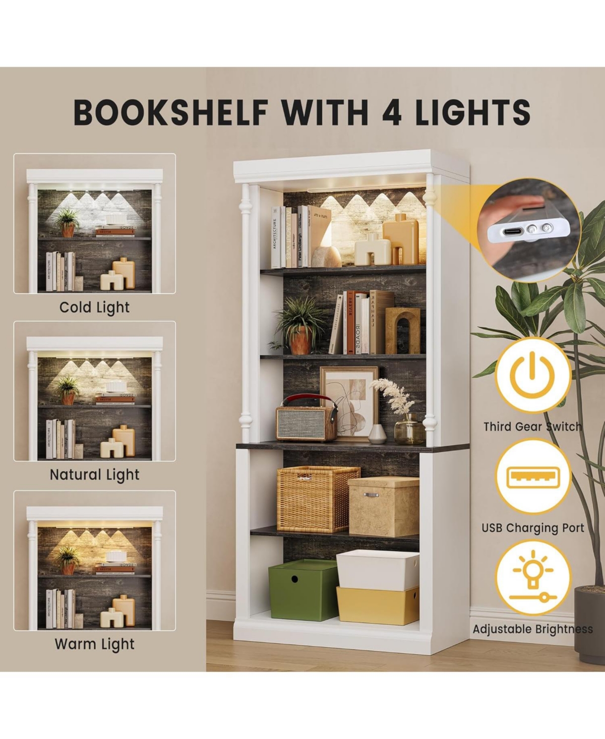 gaomon 5 tier open bookcase with Roman column design, Led lights, adjustable wood grain shelves, freestanding display storage.