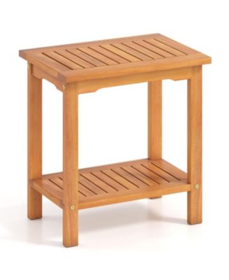 2-Tier Acacia Wood Outdoor Side Table with Slatted Shelf, 19.5 x 14 x 20.5 inch.