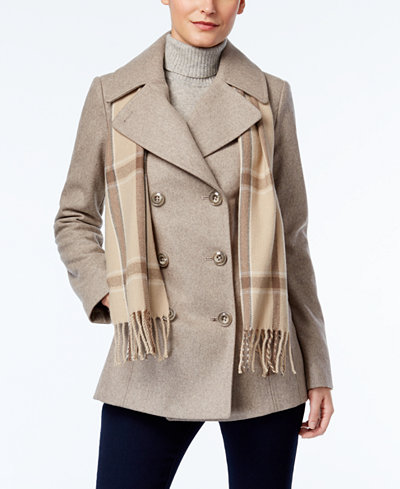 London Fog Double-Breasted Peacoat with Scarf