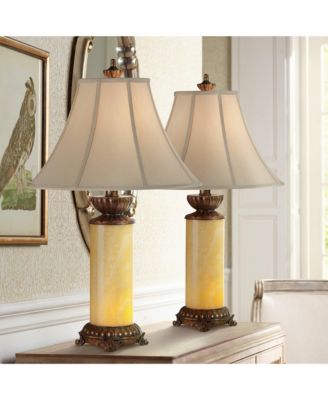 28.5" Tall Asian Inspired Table Lamps with Onyx Stone and Bell Shades, Set of 2