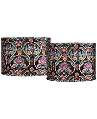 Set of 2 Drum Print Lamp Shades Bohemian Medium 15" Top x 15" Bottom x 11" High Spider Harp Finial Fitting