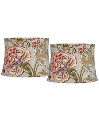 Set of 2 Drum Print Lamp Shades Sage Green Medium 14" Top x 16" Bottom x 11.5" High Spider Harp and Finial Fitting