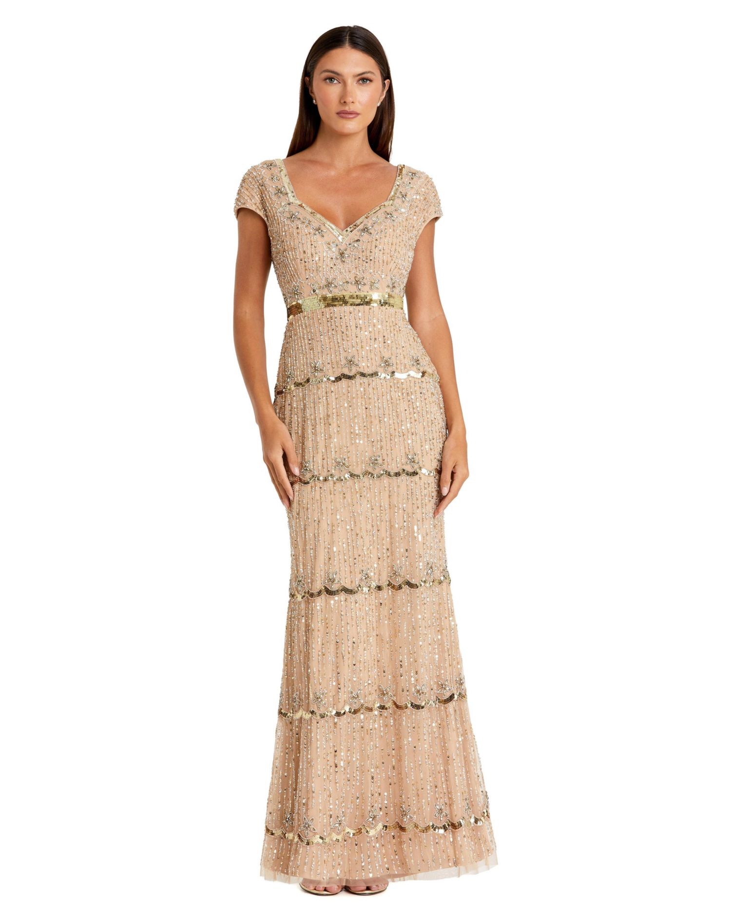 Women's Petite Beaded Sweetheart Cap Sleeve Tiered Gown