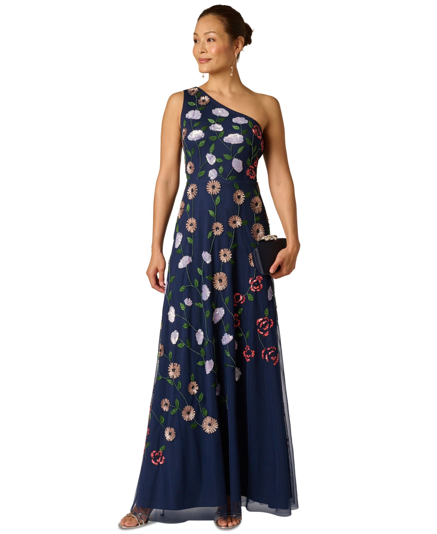 Women's One-Shoulder Floral Garden Beaded Gown