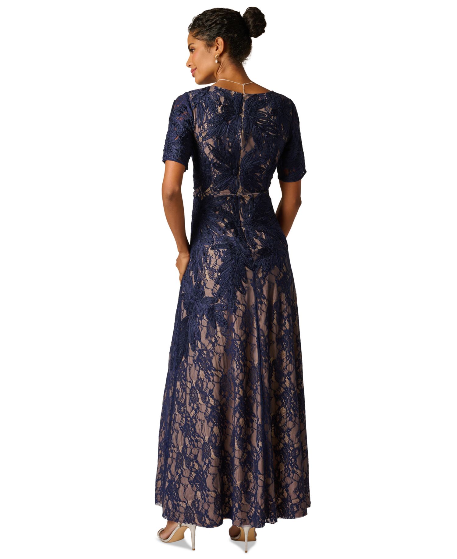 Women's Short-Sleeve Lace Soutache Embroidered Gown