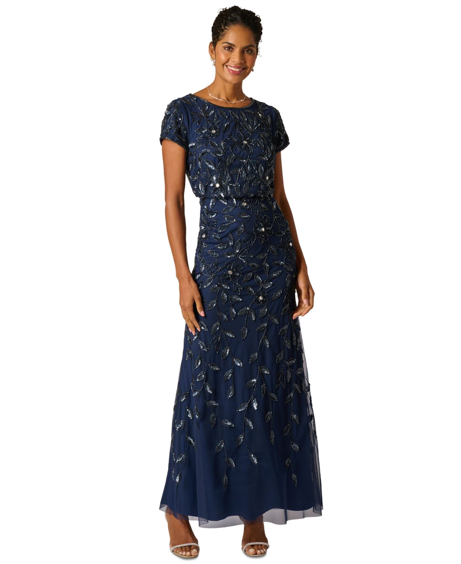 Women's Boat-Neck Blouson Beaded Gown